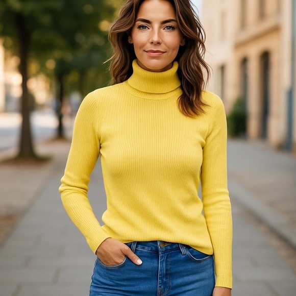 Lauren Ralph Lauren Sweaters - Vintage 1990s Lauren Ralph Lauren Women's Yellow Ribbed Turtleneck SZ M